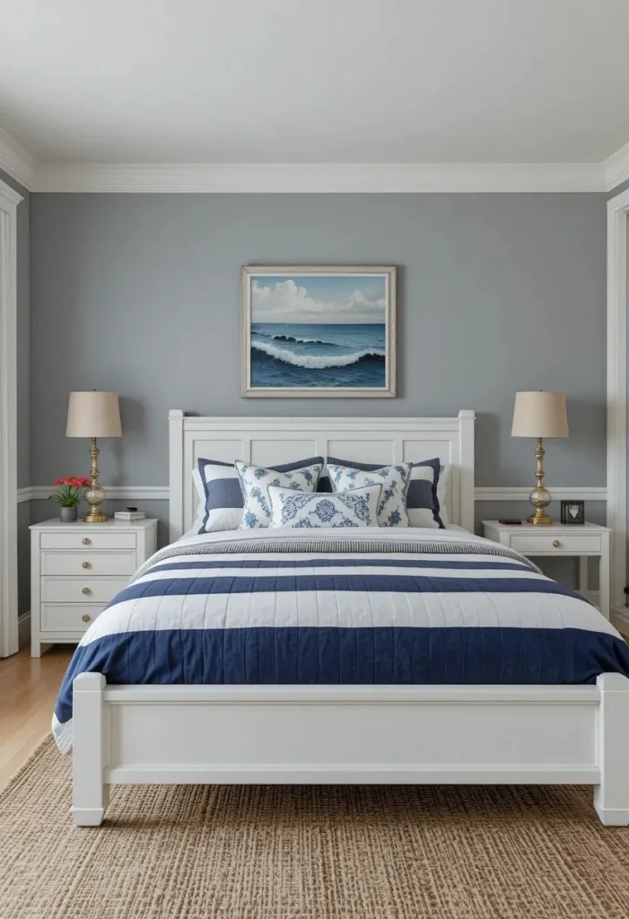Navy and white striped bedding adding classic nautical style to a beach bedroom.