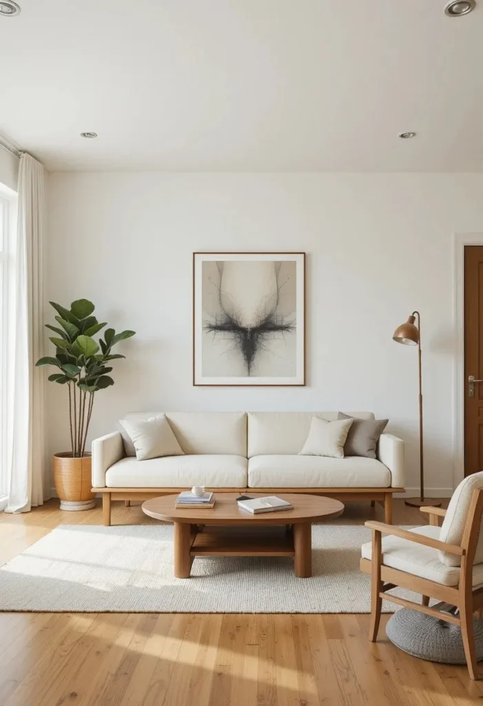 Minimalist mid century modern living room with clean lines and intentional styling.
