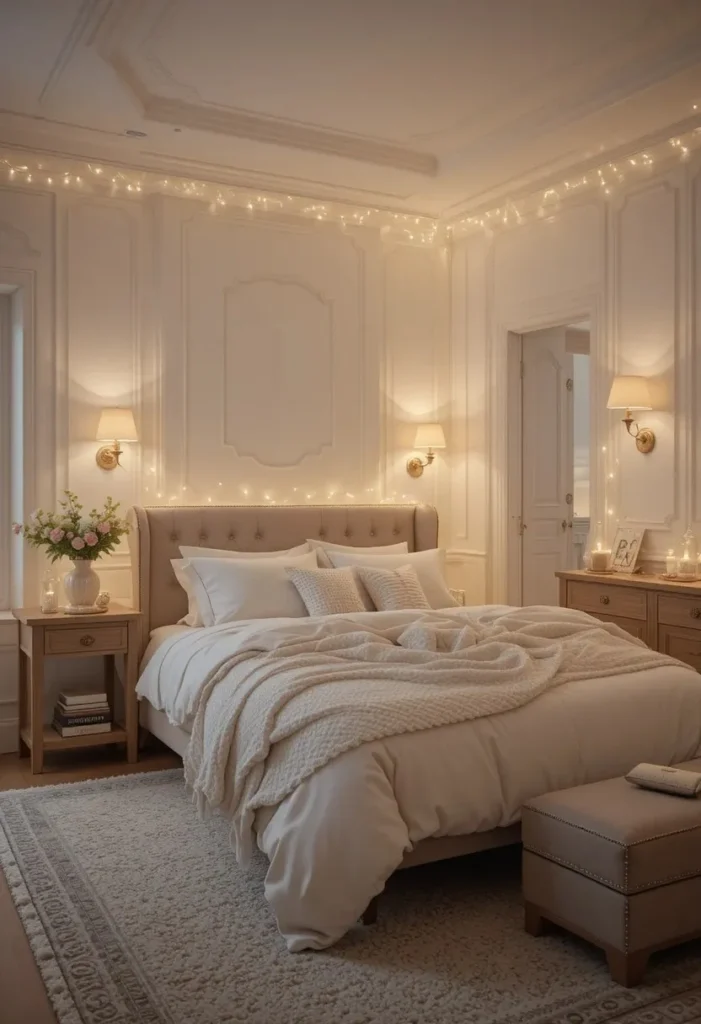 Soft ambient lighting creating a warm and inviting white bedroom.