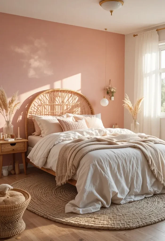 Blush pink accent wall creating a warm and romantic boho bedroom.