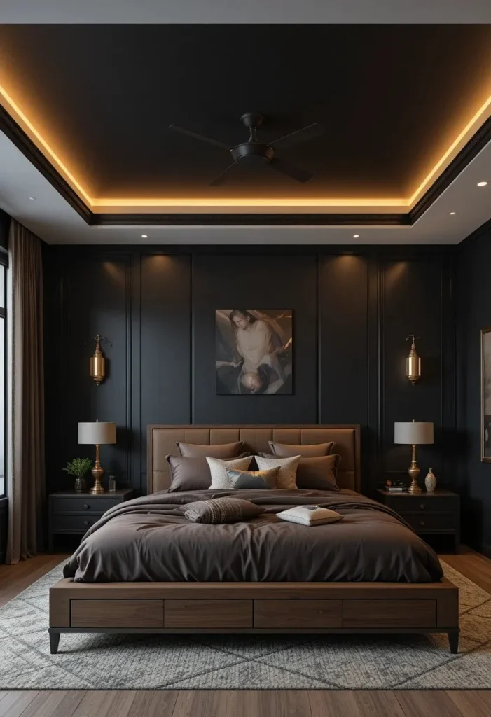 Dark bronze ceiling fan completing a black and brown bedroom design.