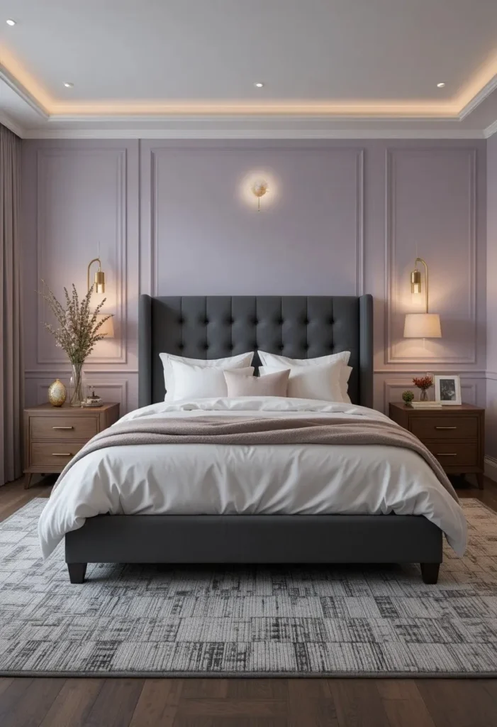 Lavender and charcoal gray bedroom with modern balanced contrast.