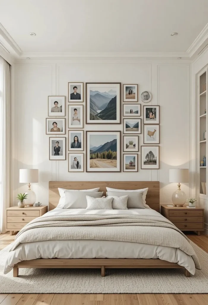 Circular photo arrangement creating an artistic bedroom gallery wall.