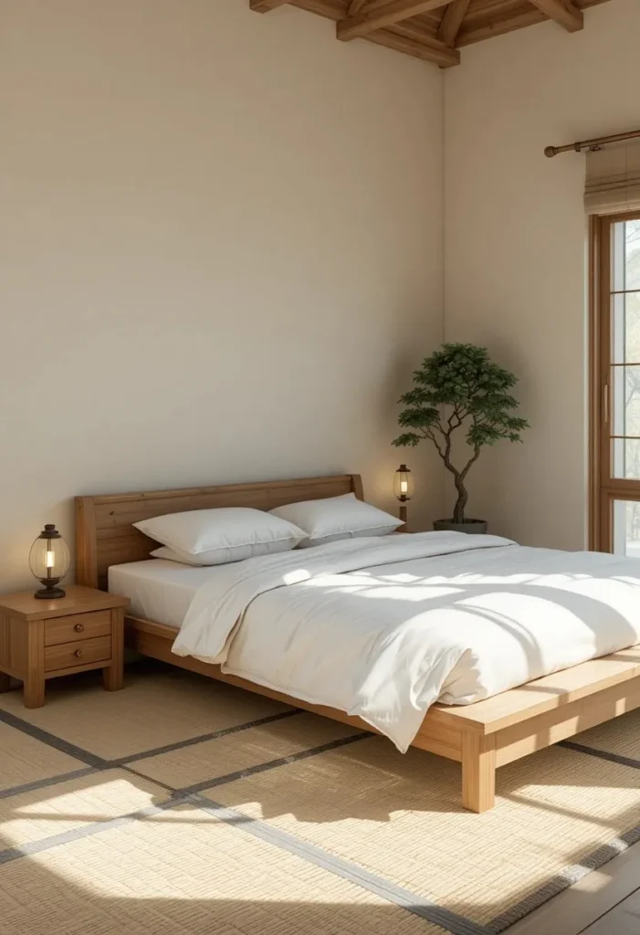 Tatami mat flooring adding natural texture to a minimalist Japanese bedroom.