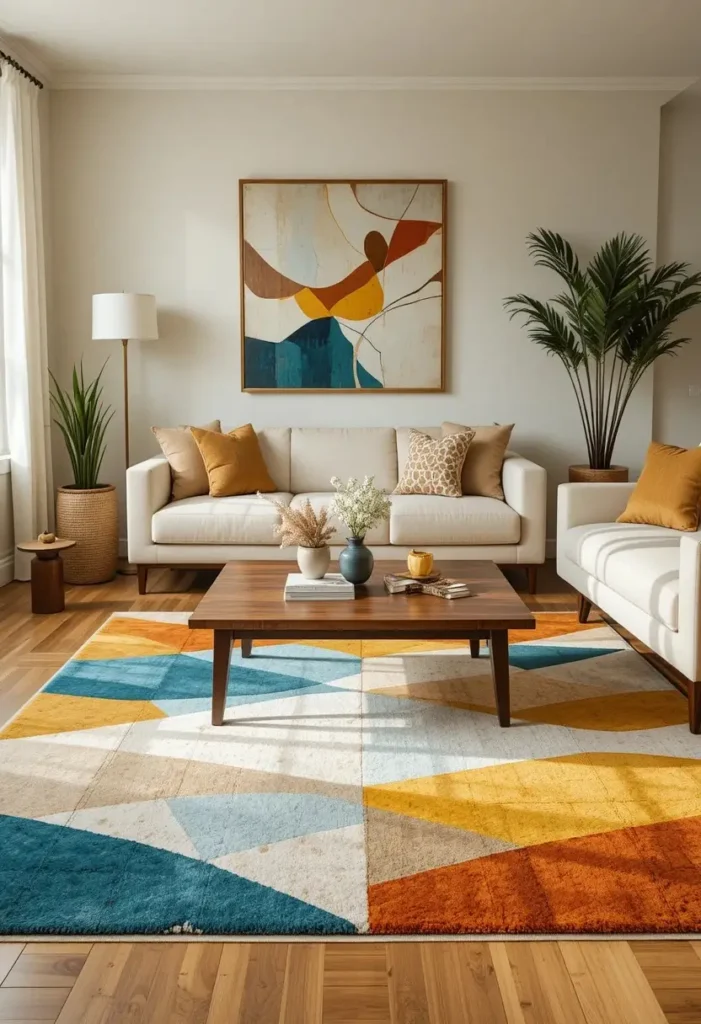 Geometric patterned rug anchoring a stylish mid century modern living room.