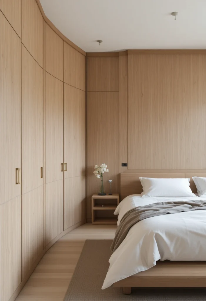 Built-in wooden storage keeping a Japanese bedroom clean and clutter-free.
