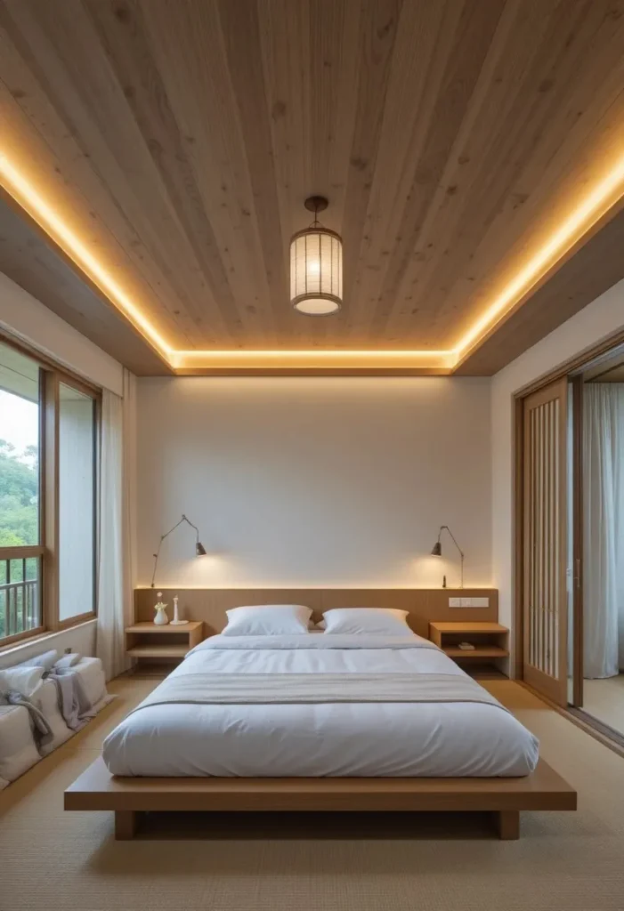 Wooden slat ceiling adding warmth and architectural detail to a Japanese bedroom.