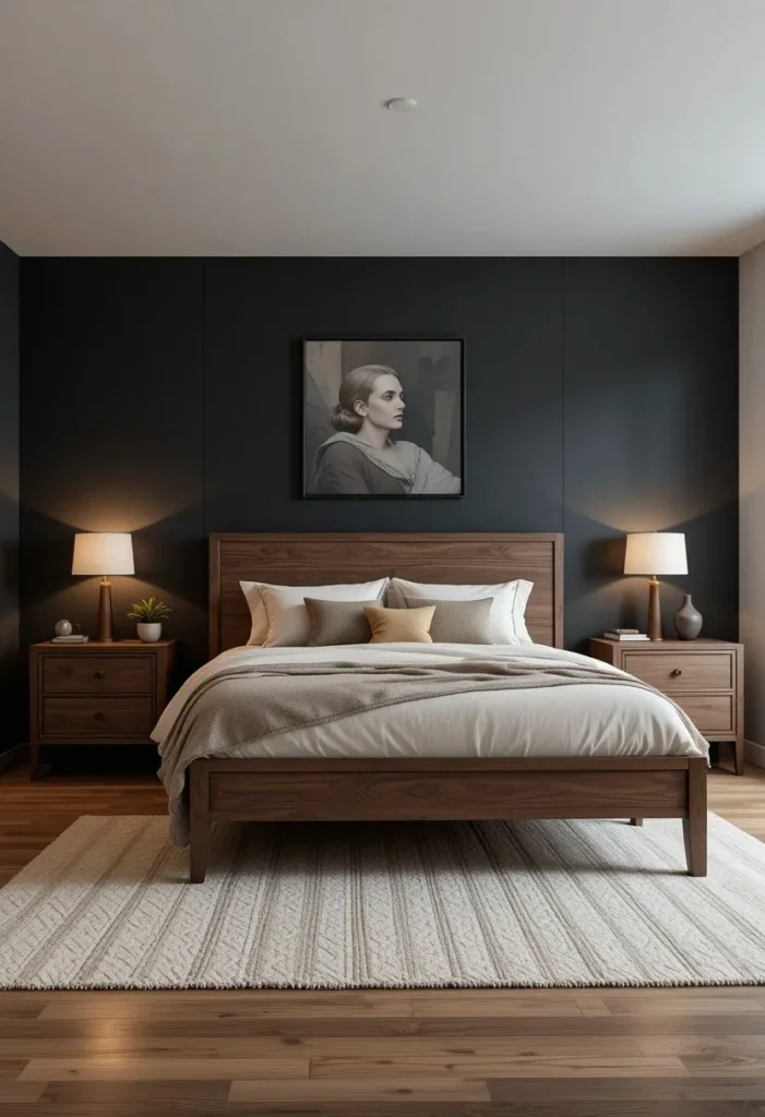 Bedroom with matte black walls and walnut furniture creating a warm, moody retreat.