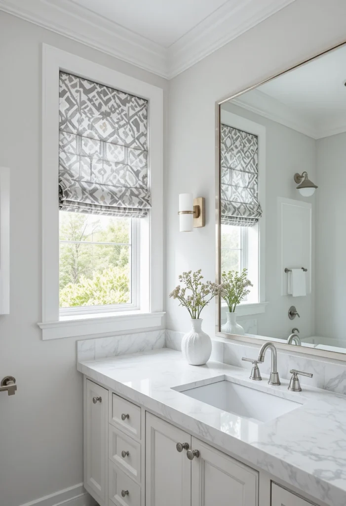 Patterned Roman shades bringing tailored style to a modern bathroom.