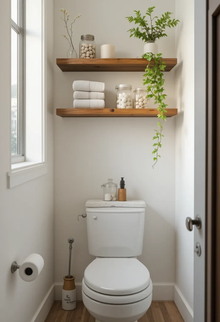 Floating shelves above the toilet adding stylish bathroom storage.