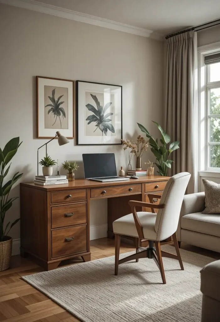 Desk with hidden storage keeping the living room workspace neat and organized.