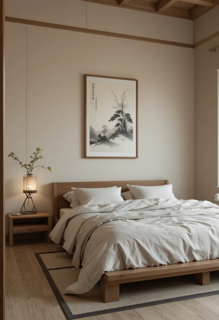 Rice paper artwork adding elegant simplicity to a Japanese bedroom.