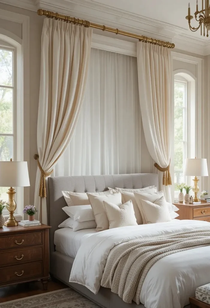 Decorative gold tiebacks giving bedroom curtains a polished look.