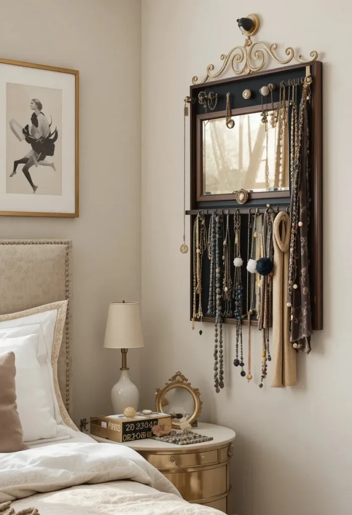 Organized jewelry and accessory corner in a modern bedroom.