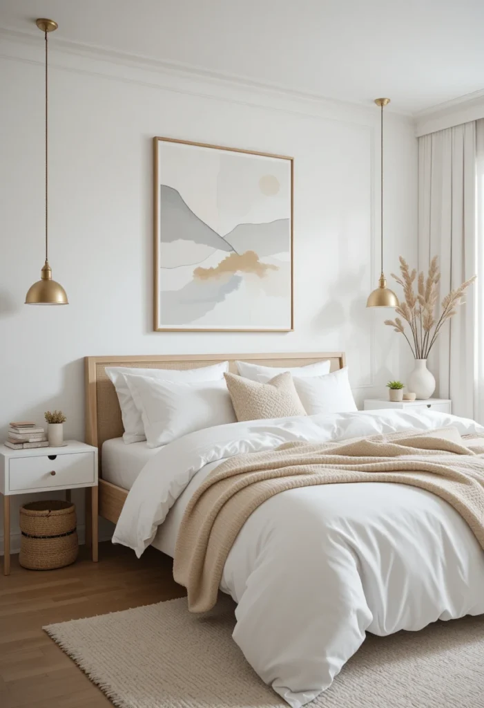 Neutral wall art completing the elegant white bedroom design.