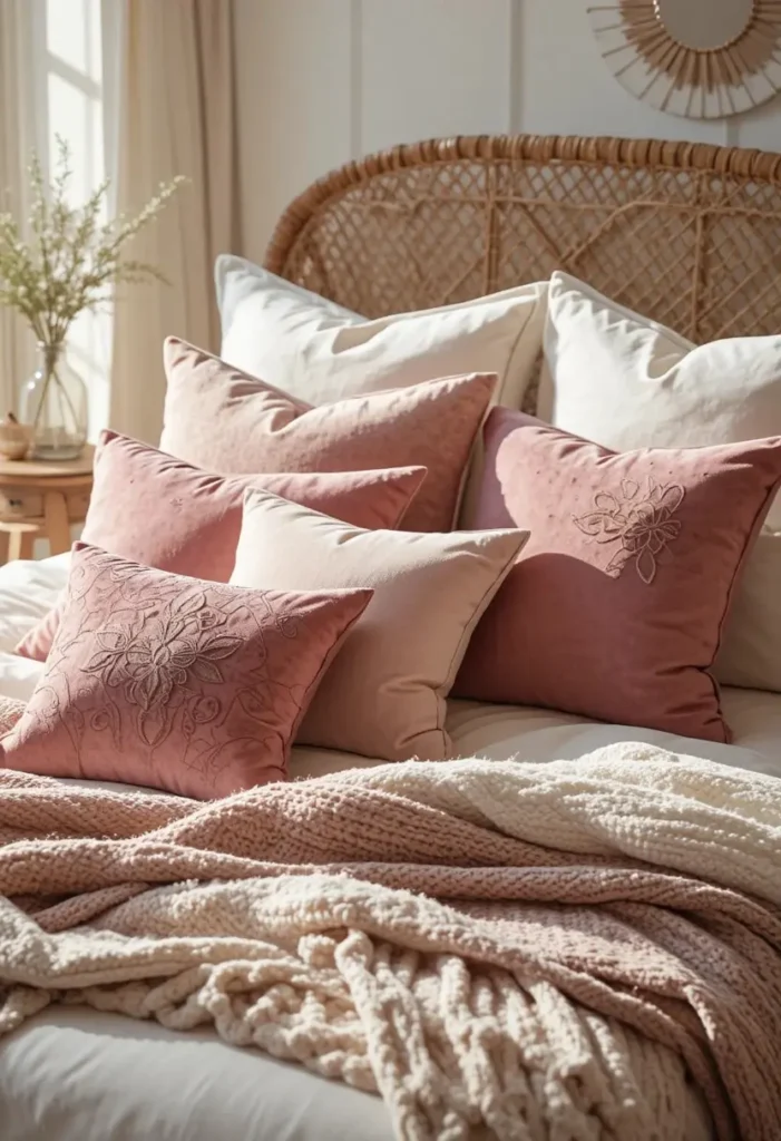 Pink velvet throw pillows adding luxurious texture to a boho bedroom.