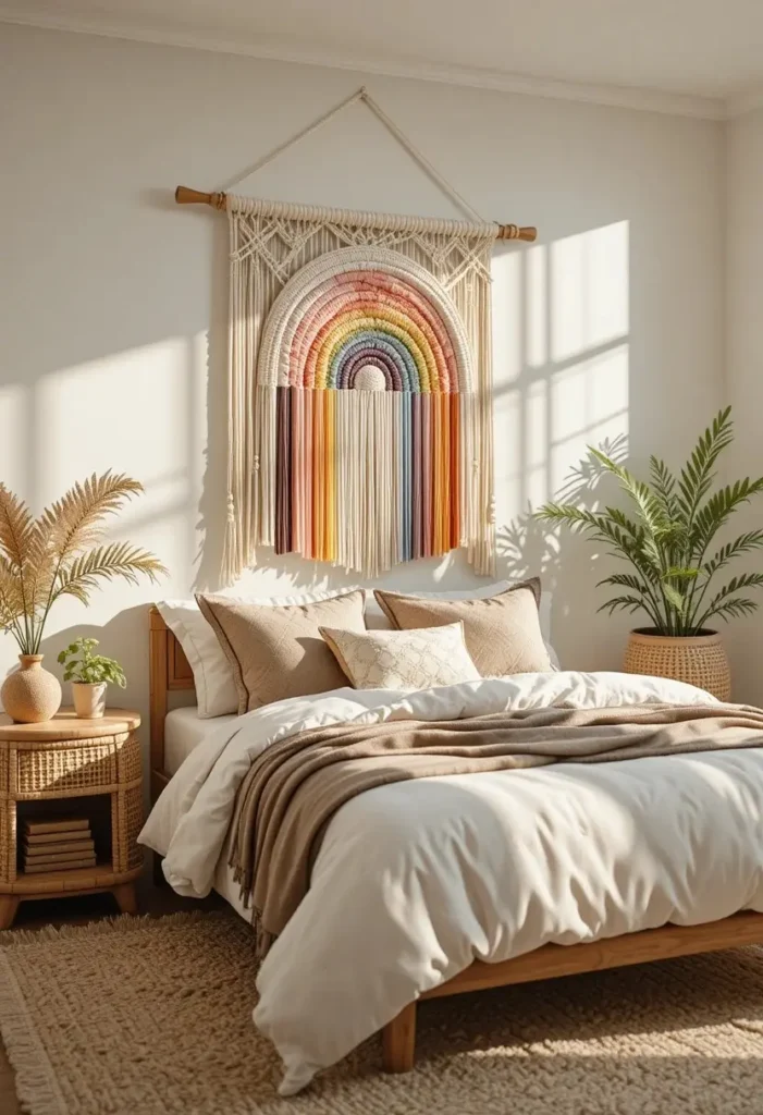 Rainbow macramé wall hanging bringing texture and color to a boho bedroom.