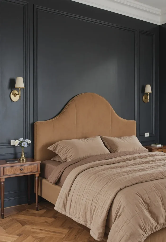 Camel suede headboard creating a warm focal point against black bedroom walls.