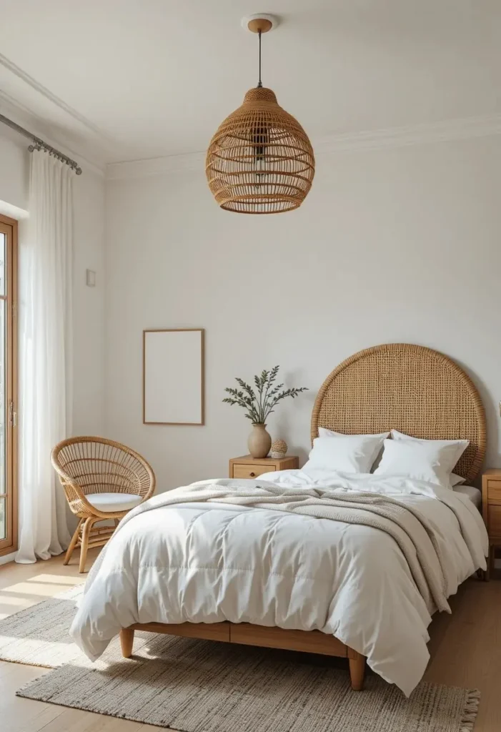 Rattan furniture bringing organic texture to a white bedroom.