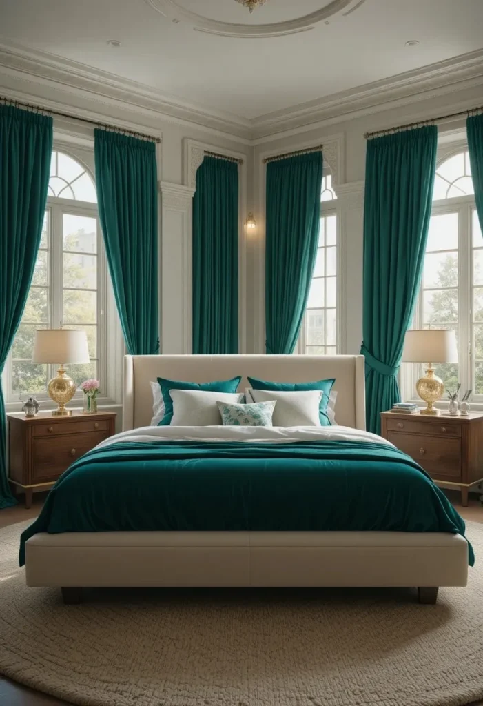 Emerald blackout curtains creating a cozy and luxurious bedroom.