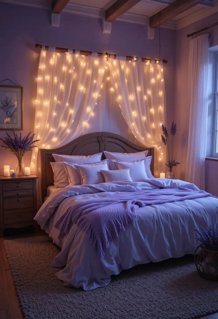 Lavender bedroom with fairy lights creating a soft and dreamy nighttime glow.