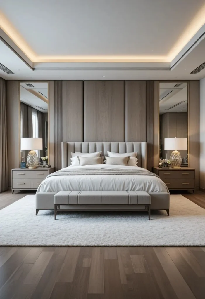 Large king bed providing extra sleeping space in a modern couples bedroom.