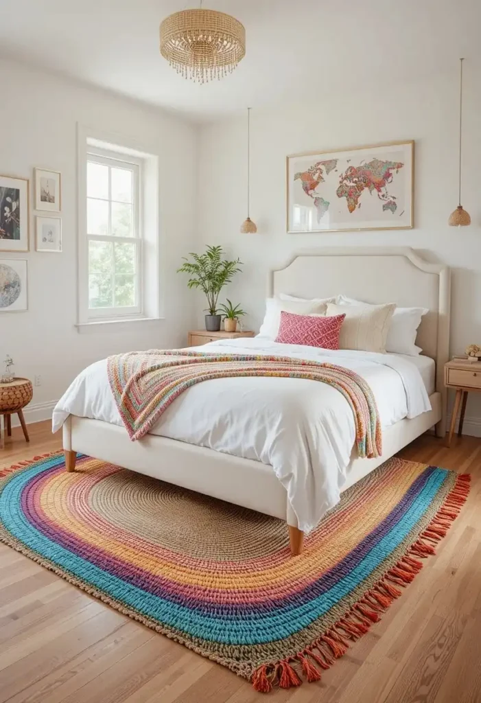 Rainbow woven rug bringing warmth and vibrant color to the bedroom.
