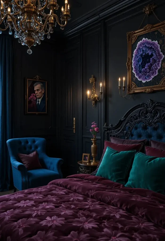Deep jewel-tone accents enriching a dark gothic bedroom.