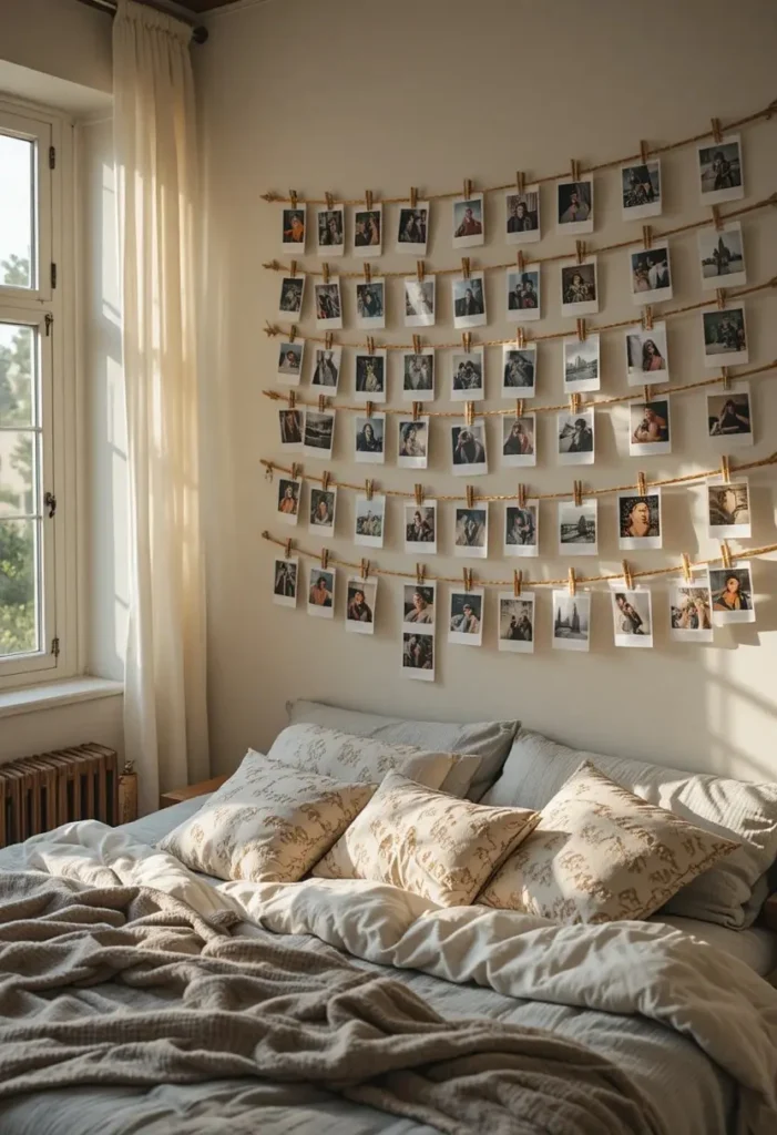 Hanging string photo display adding casual charm to a bedroom wall.