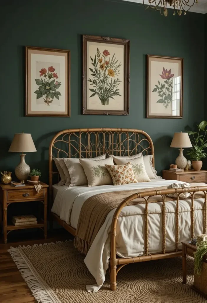 Vintage botanical artwork decorating the walls of a dark boho bedroom.