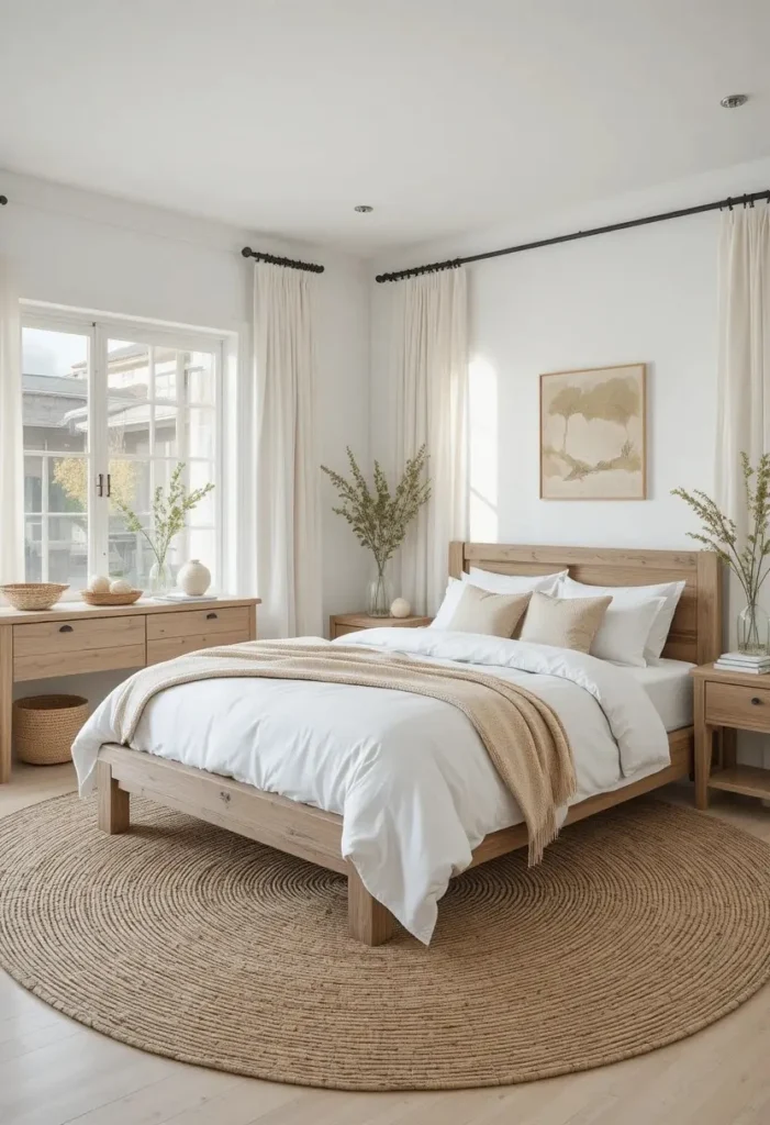 Natural woven seagrass rug bringing warmth and texture to a beach bedroom.