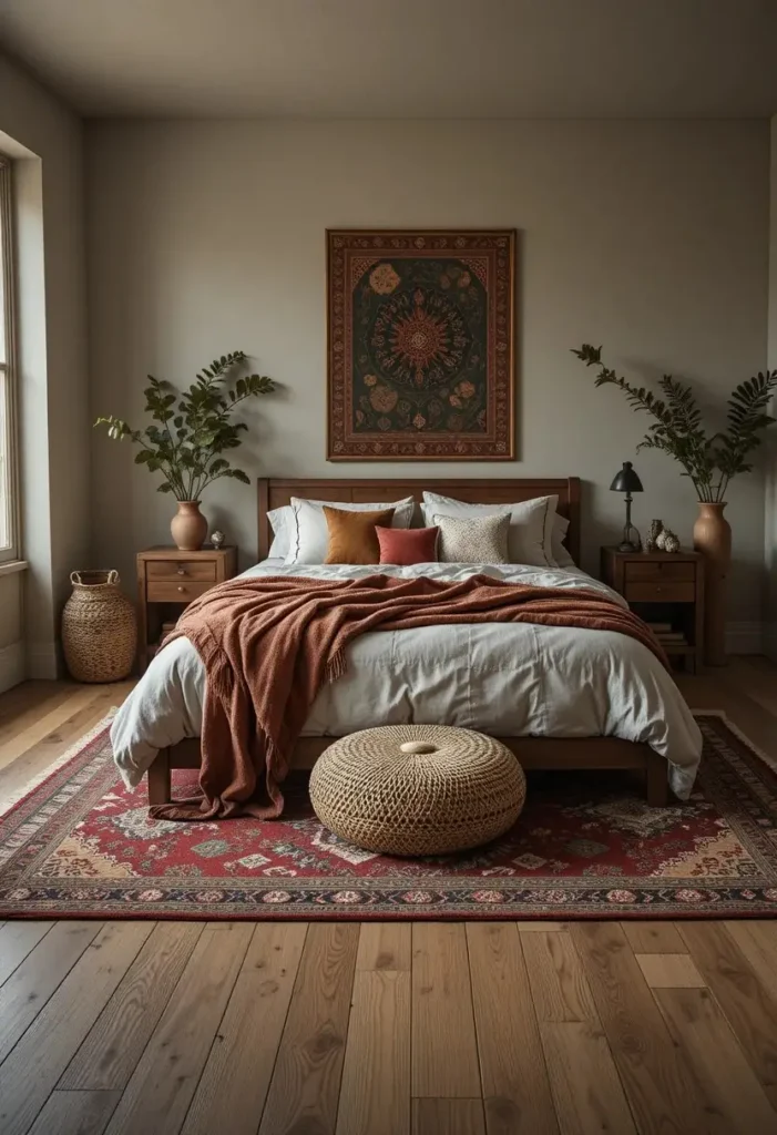 Layered Moroccan rugs adding colorful texture to a dark boho bedroom.