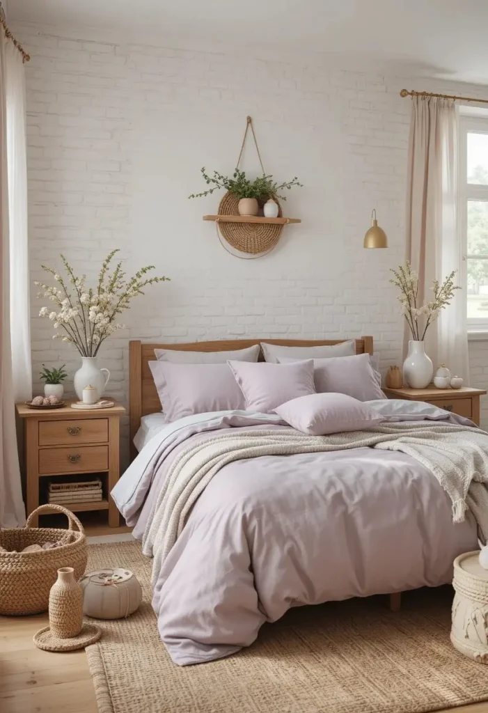 Lavender bedding paired with natural wood furniture for a warm cozy bedroom.