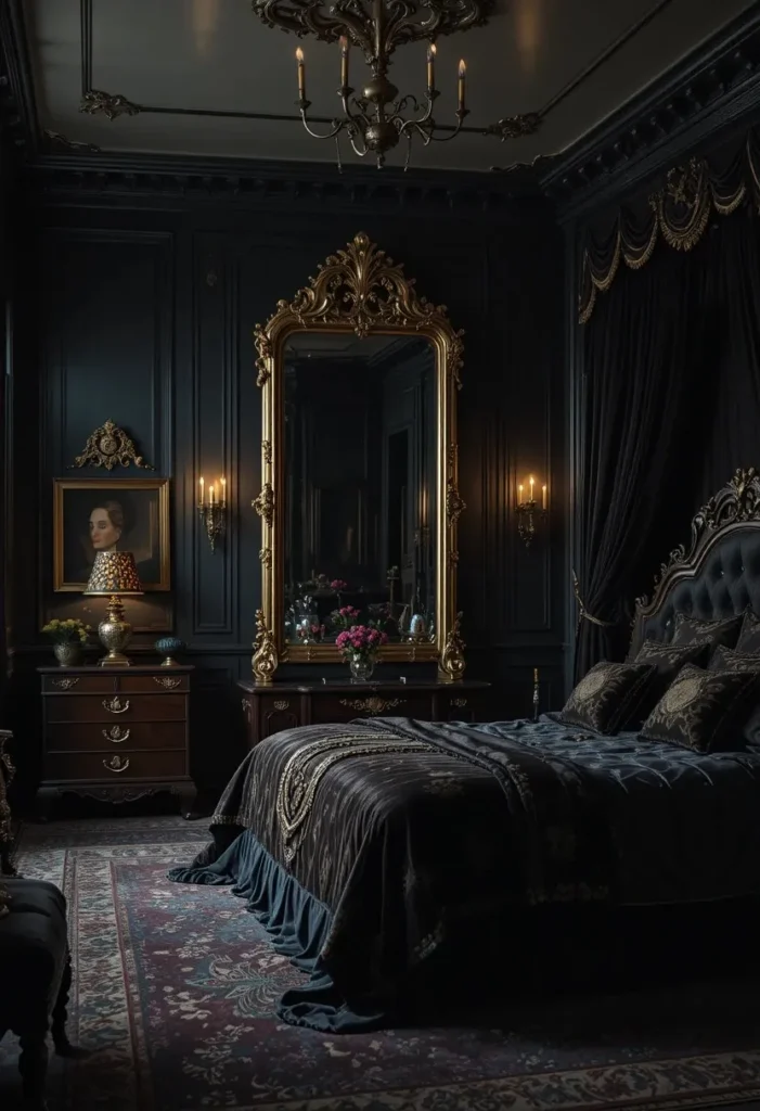 Antique mirror reflecting warm candlelight in a gothic bedroom.