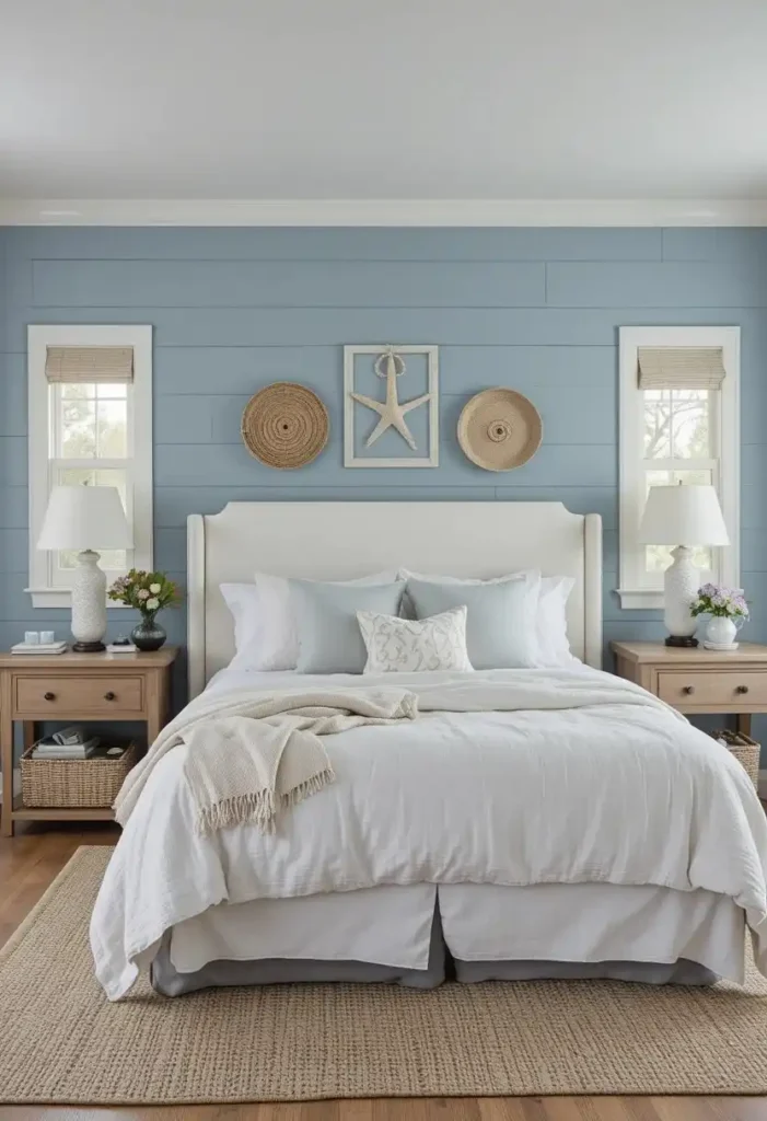 Soft blue shiplap accent wall creating a cozy coastal-style bedroom.
