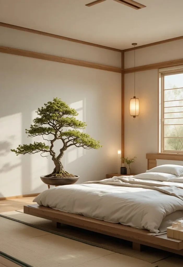 Bonsai tree adding a peaceful natural touch to a Japanese bedroom.