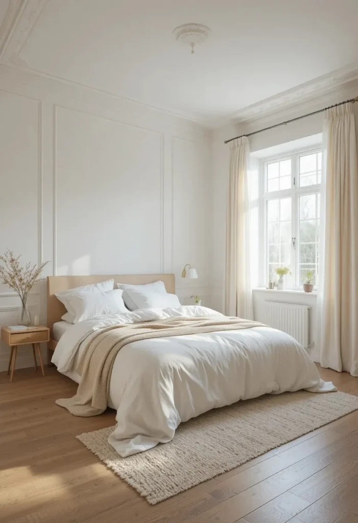Bedroom layered with warm white tones for a bright and elegant look.