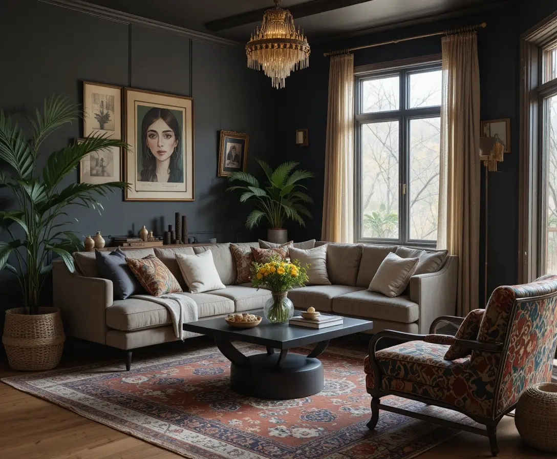 beautiful dark boho living room look