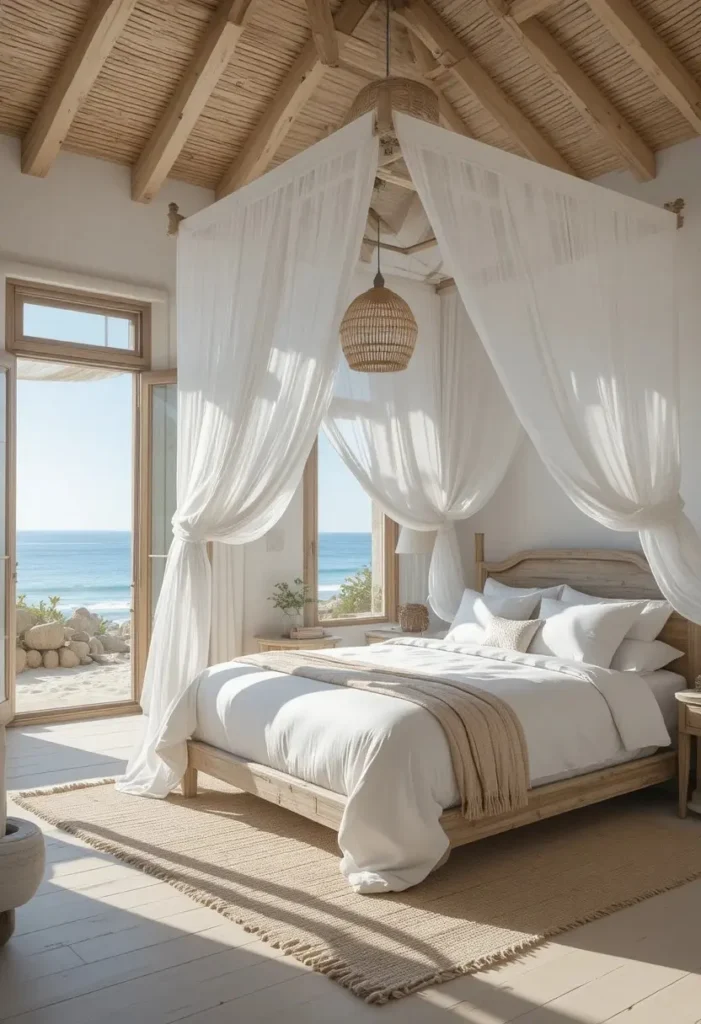 Sheer canopy netting creating a dreamy beach resort bedroom atmosphere.
