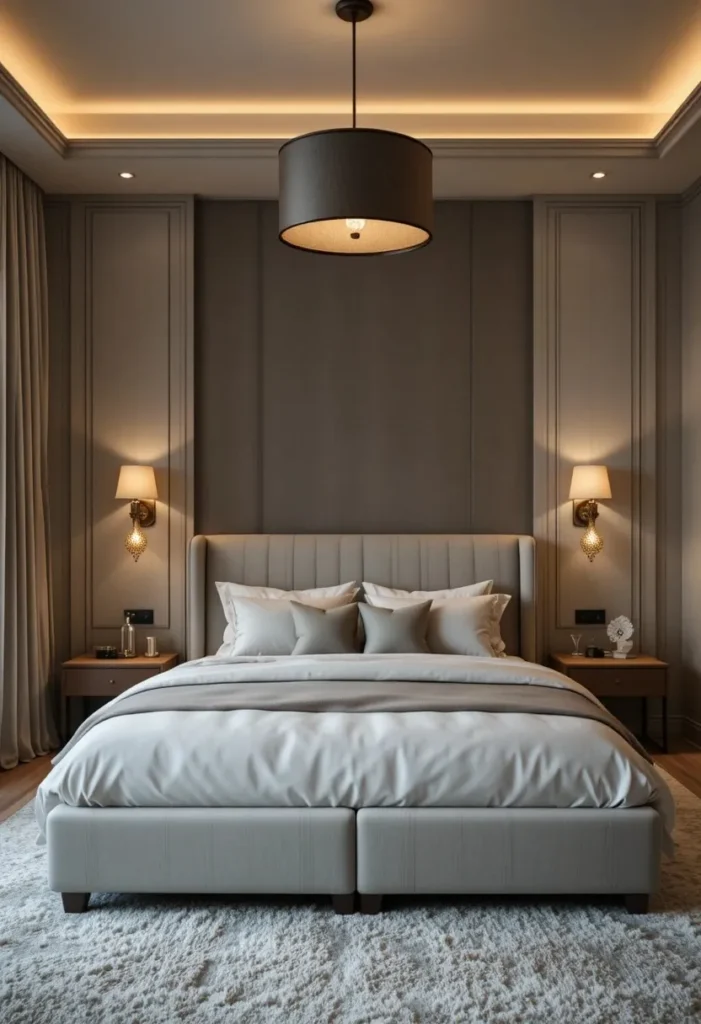 Modern couples bedroom with layered lighting using bedside lamps and warm ambient lighting.