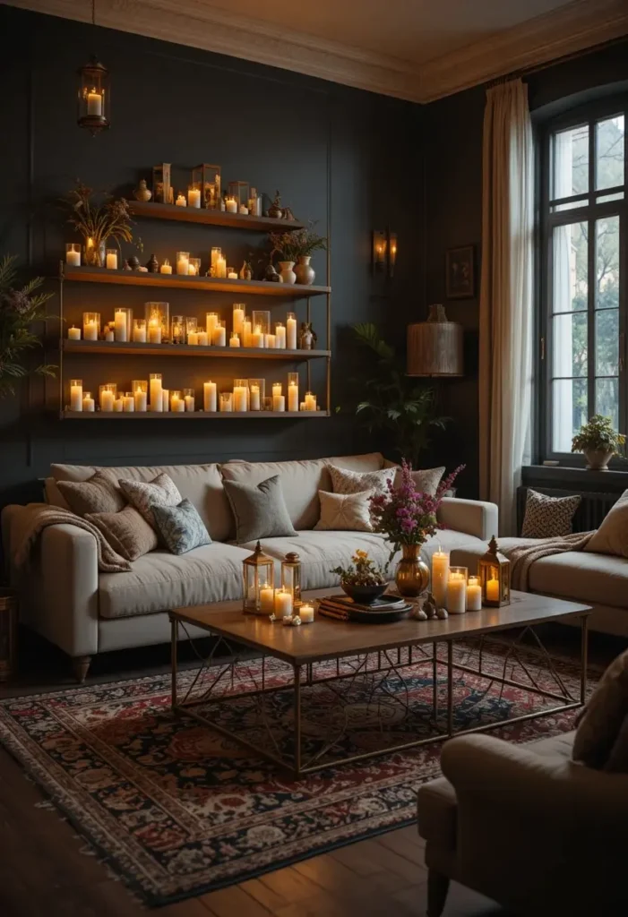 Candlelit dark boho living room with a warm and cozy atmosphere.