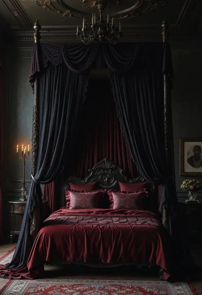 Black lace canopy drapes adding romance and mystery to a gothic bedroom.