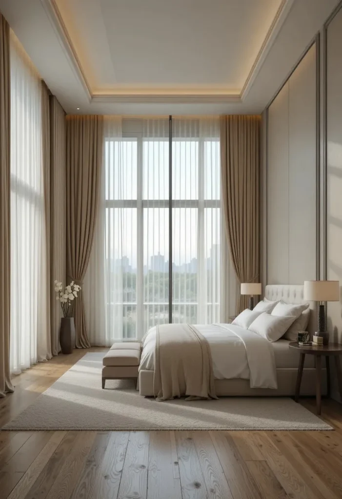 Floor-to-ceiling curtains making a bedroom appear taller and more elegant.
