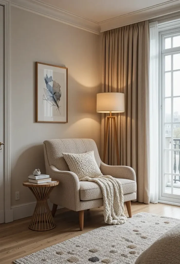 Cozy reading nook with an armchair and floor lamp in a bedroom corner.