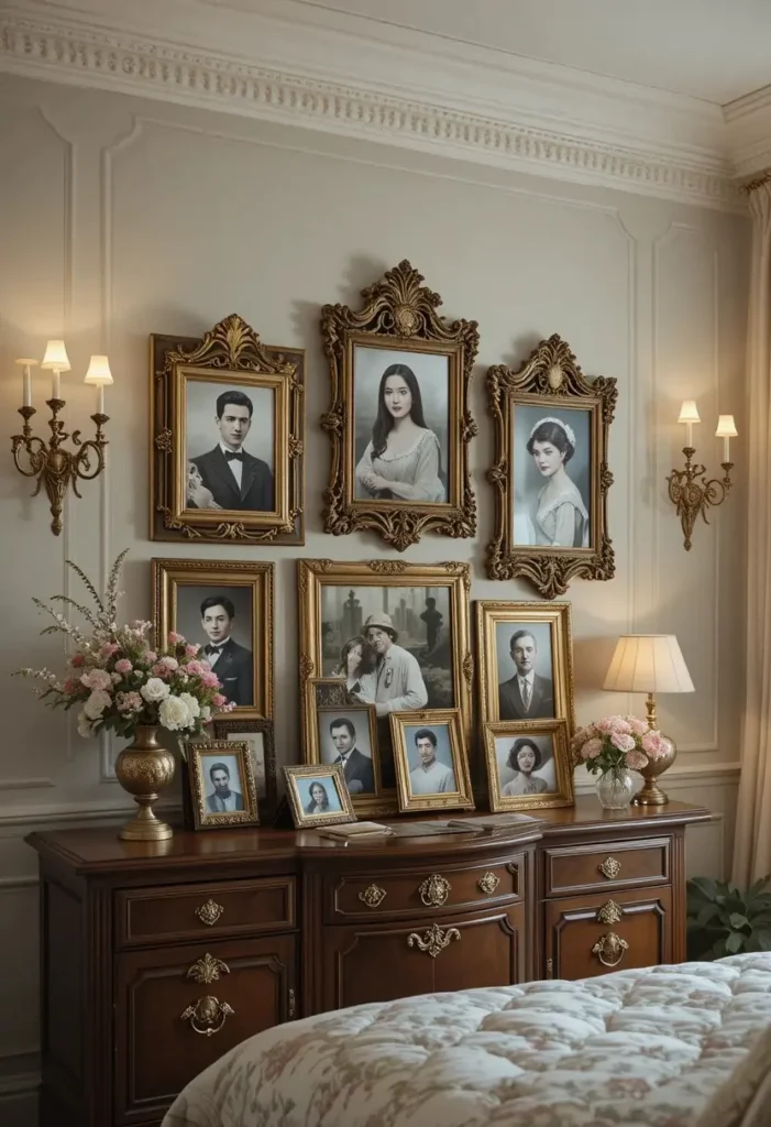 Vintage picture frames creating an elegant bedroom photo collage.