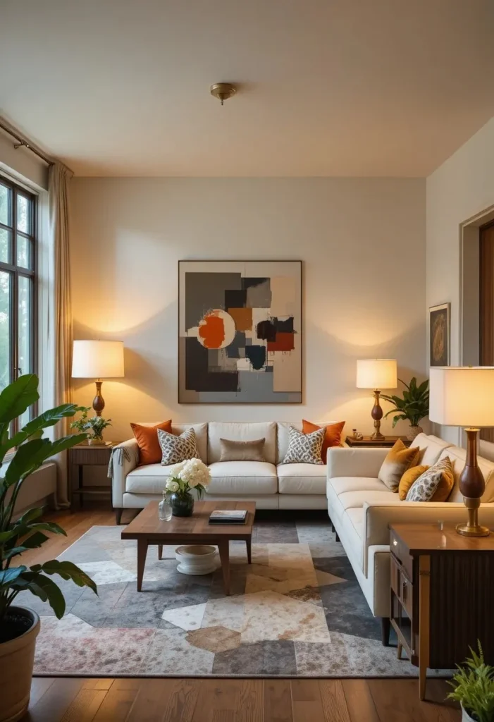 Brass and walnut lighting fixtures complementing a mid century modern living room.