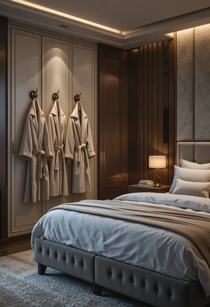 Matching robes displayed on wall hooks in a cozy couples bedroom.