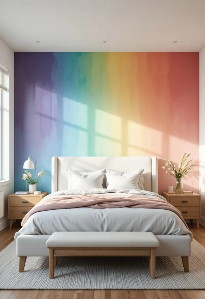 Rainbow ombre accent wall creating a colorful focal point in a modern bedroom.