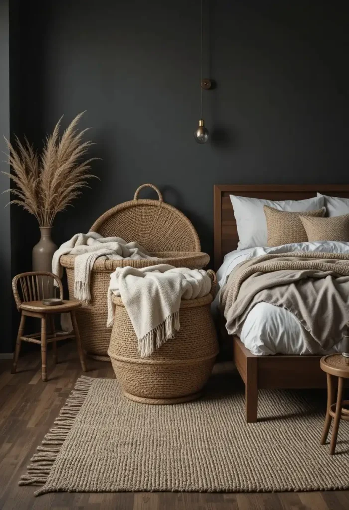 Woven storage baskets adding natural texture and organization to a dark boho bedroom.