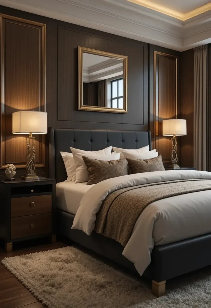 Bedroom decorated with brass accents complementing black and brown tones.